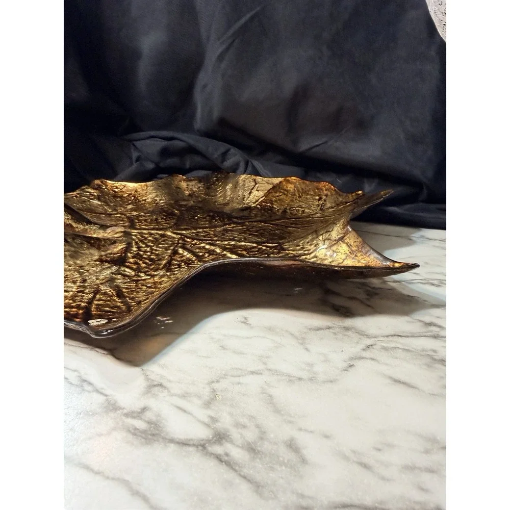 VTG Maple‎ Leaf Glass And Metal Dish Tray Fall Decor (P2914)